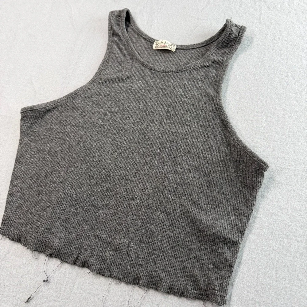 Free People Gray Festival Tank Top Womens XS Ribbed Knit Raw Hem Cropped Boho